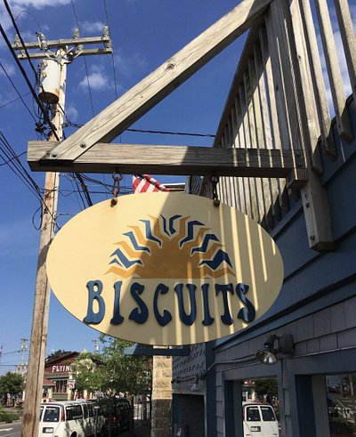 Exterior of Biscuits restaurant in Oak Bluffs, MA