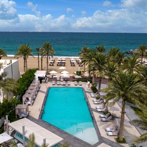 view of pool and beach