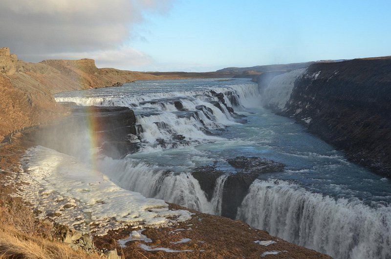 A waterfall and rainbow in Iceland