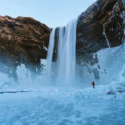 A waterfall in winter in Iceland