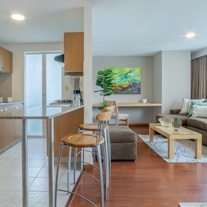 Apartments with Kitchen, Dining and Living room, 2 bathrooms, laundry zone and  1 or 2 rooms.