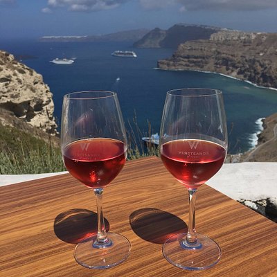 Two glasses of Mandilaria wine in Santorini