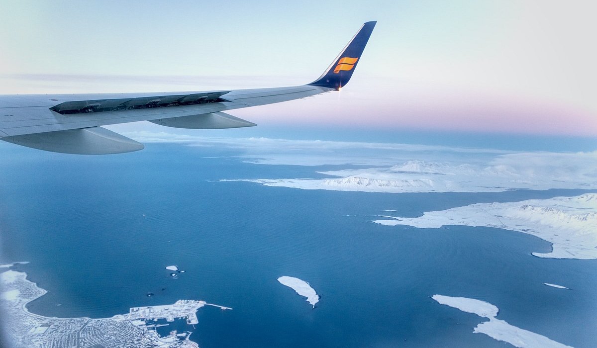 Icelandair plane flying in mid-flight