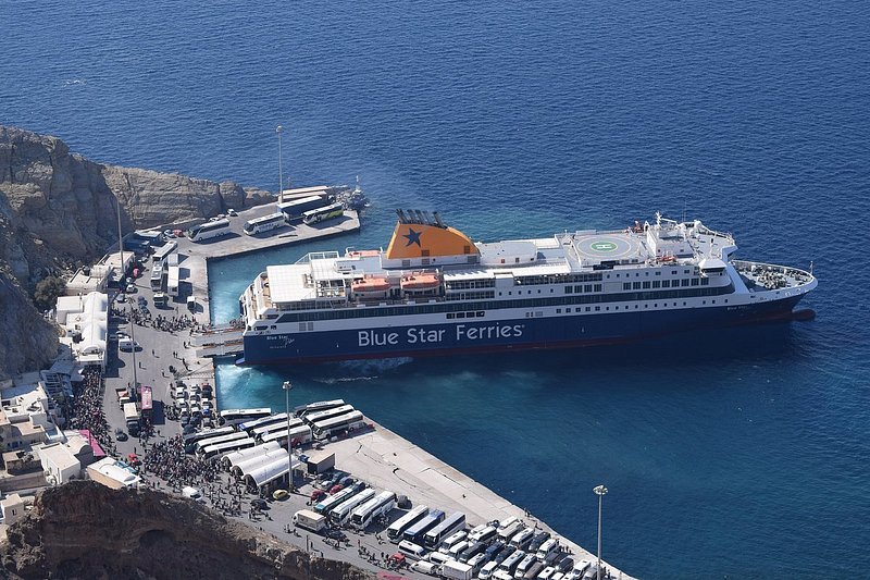 A Blue Star Ferries cruise at Athinios Port in Santorini