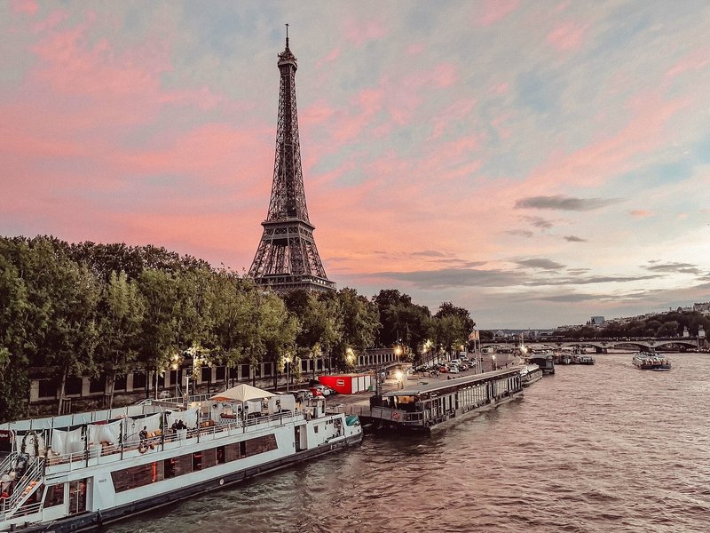 View of the Eiffel Tower from the Seine River in Paris