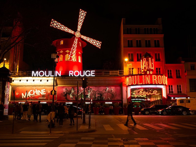 Outside Moulin Rouge in Paris at night