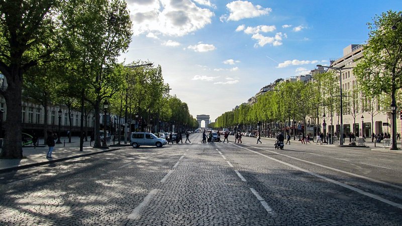 Champs Elysees street and the Arc de Triomphe during sunset