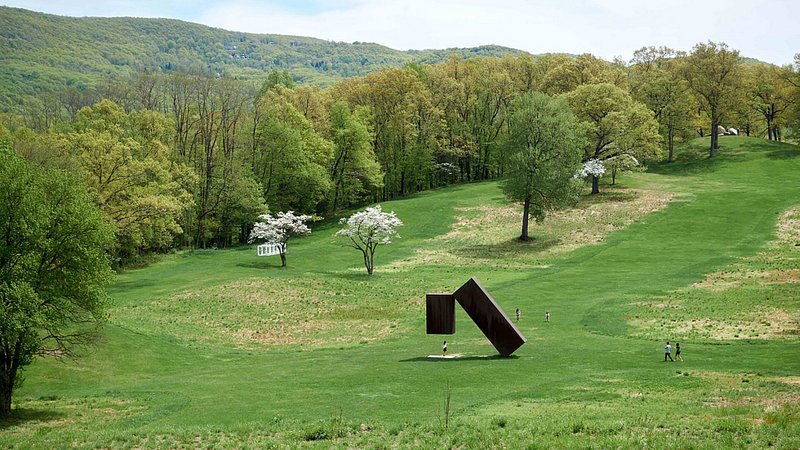 Sweeping view of Storm King grounds with outdoor sculpture