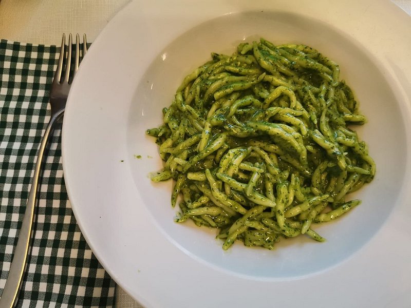 Pesto pasta at Trattoria Rosmarino in Italy