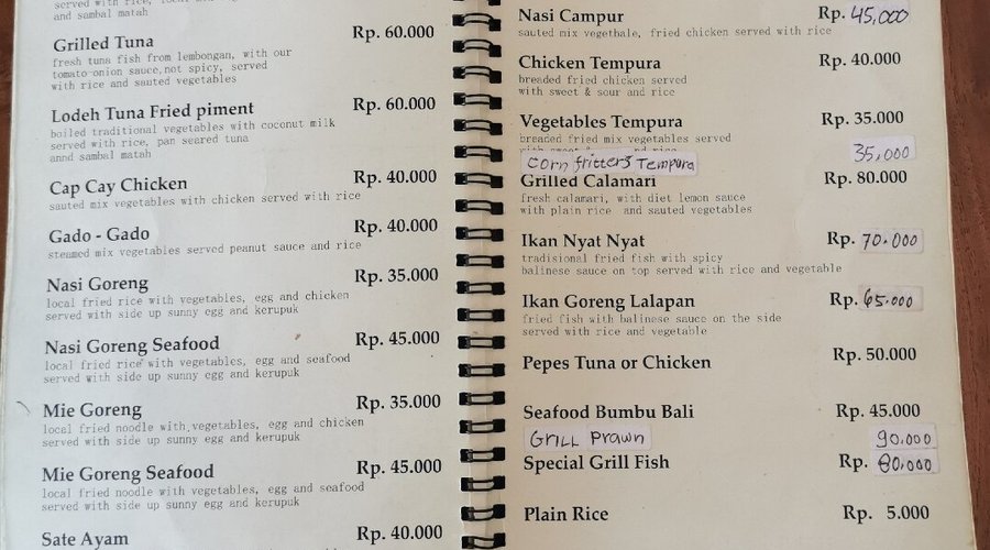 Here the menu of the oregano warung