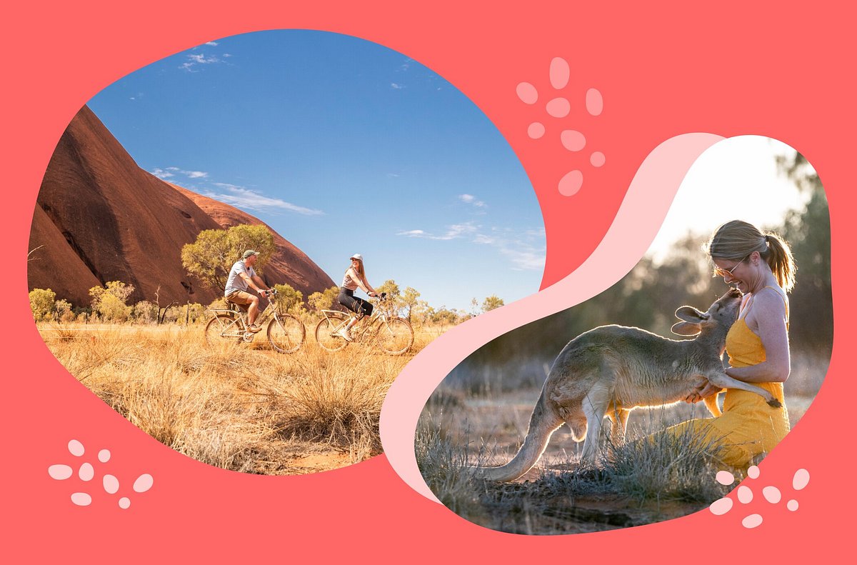A man and woman biking in Uluru. A woman with a kangaroo at The Kangaroo Sanctuary.