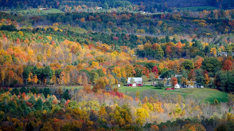 Farm and hillside in the Catskills in autumn 
