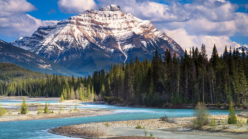 The Athabasca River and Mount Kerkeslin in Jasper National Park, Canada