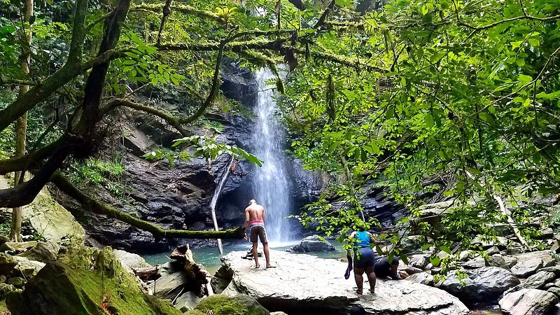 Two people standing on rock near greenery-surrounded waterfall