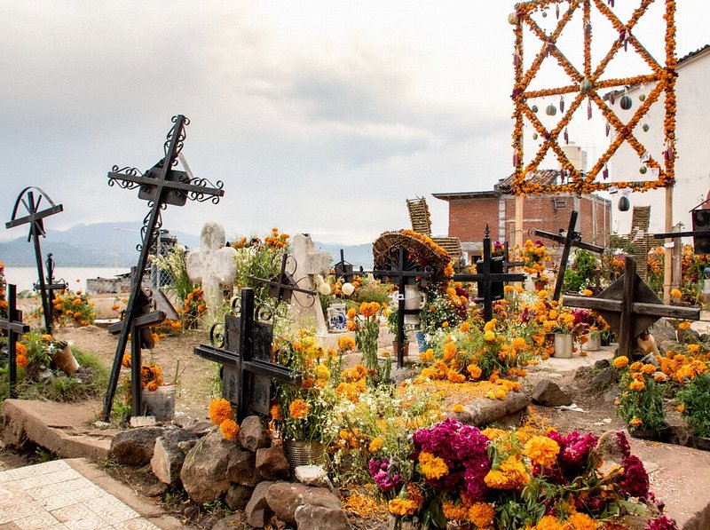 Janitzio Island flowers and crosses in Mexico