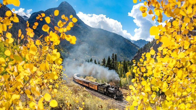 Yellow fall foliage surrounding the Durango & Silverton Narrow Gauge Railroad in Colorado