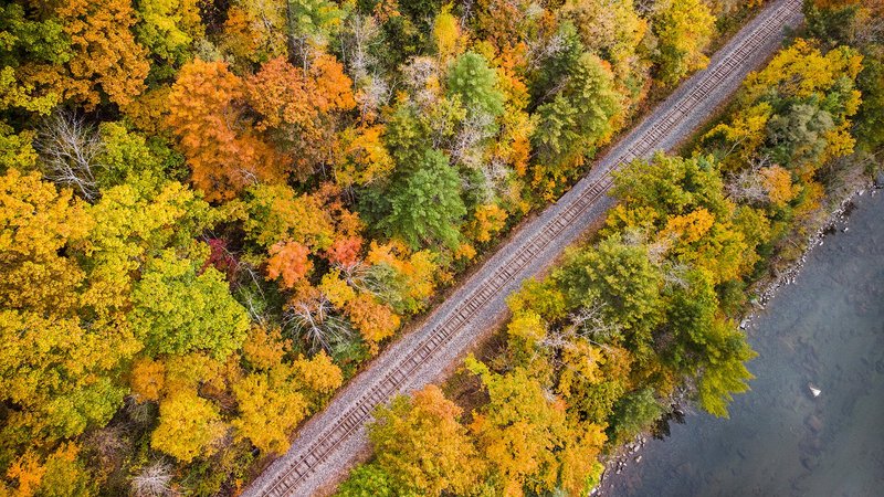 Aerial view of fall foliage that lines the Ethan Allen Express train track in Vermont 