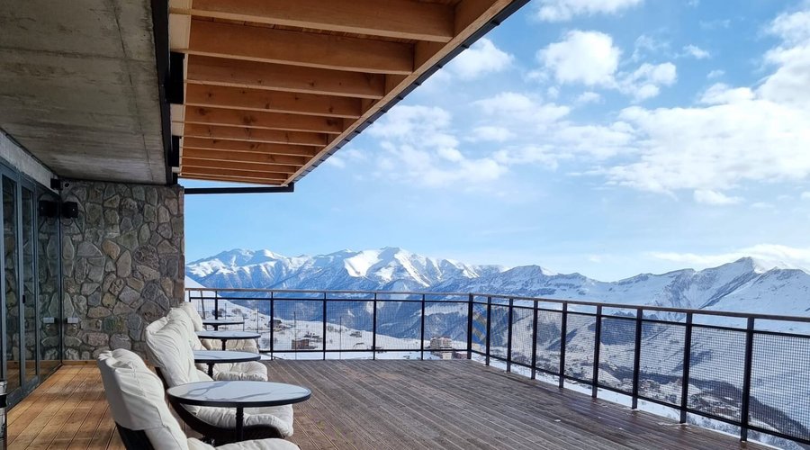 Terrace at Monte Lounge Bar with exciting panorama views on Gudauri Mountains 