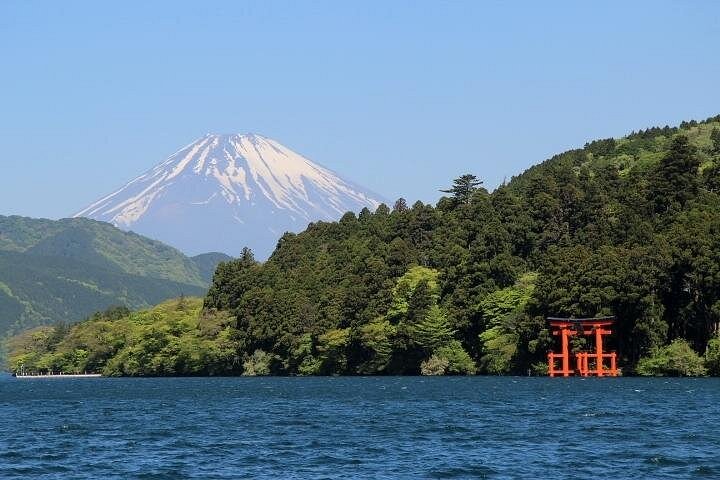 A view of the lake with Mount Fuji in the background