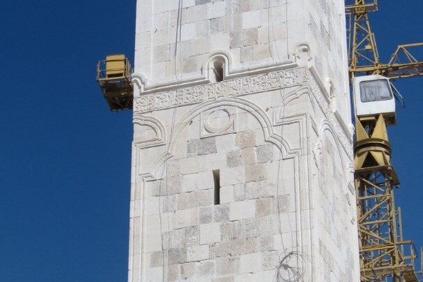 The current rebuilding of the Great Mosque Minaret. There were five main sections and they have completed three sections to date.