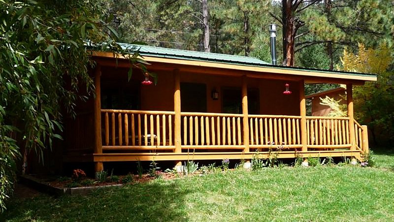 Front porch of the Hummingbird Cabin on the Pecos in New Mexico