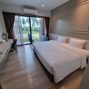 The outside, room and bathroom.
