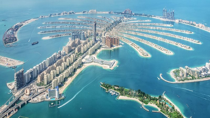 Aerial view of Palm Jumeirah island, Dubai, United Arab Emirates 