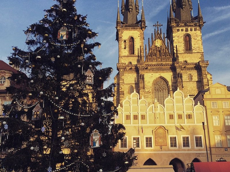 Kerstboom buiten een kerk in Praag