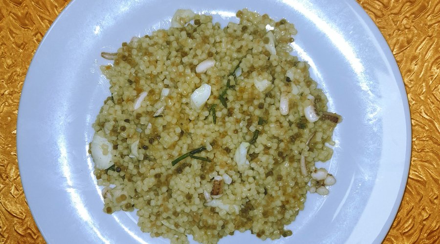 fregola al rombo, salicornia e bottarga