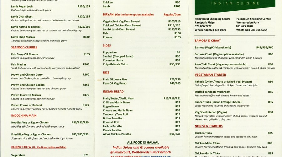 Swagat Indian Cuisine Menu Page 1