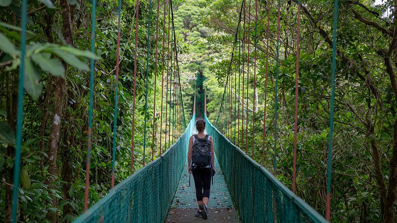 Woman walking across hanging bridge in the Monteverde Cloud Forest, Costa Rica 