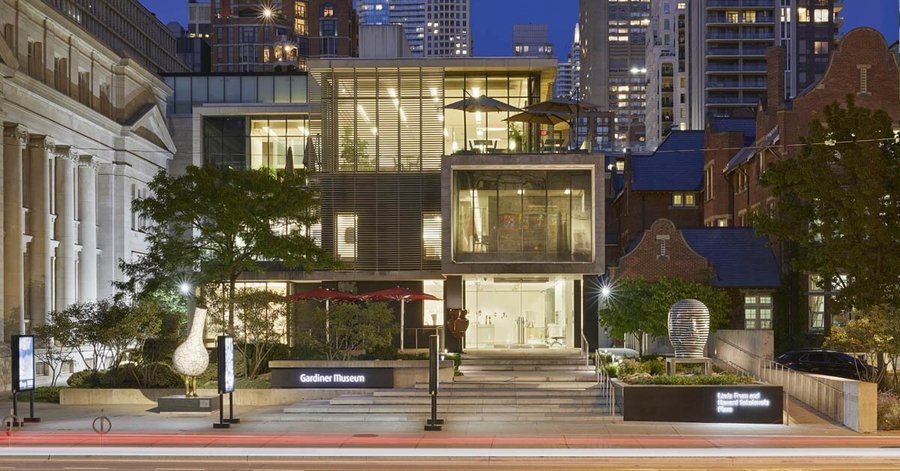 Gardiner Museum exterior at night. Photo: Tom Arban