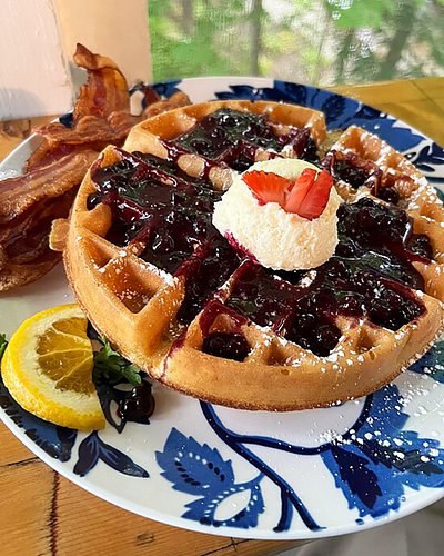 Blueberry waffles at Cove Cafe, Ogunquit, Maine 