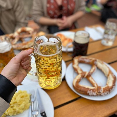 Beer and pretzels at a biergarten in Munich