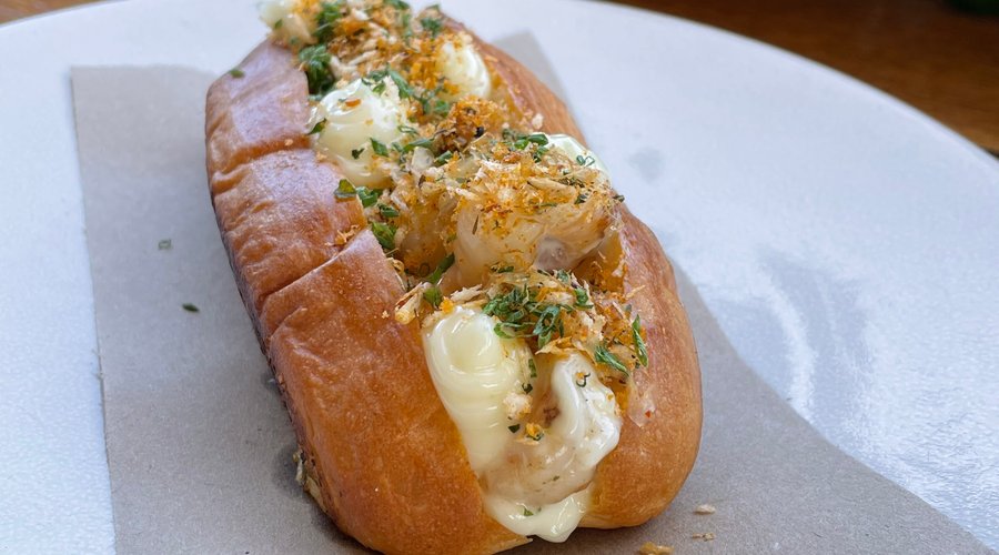 Prawn roll, lime mayo. Garlic butter crunch