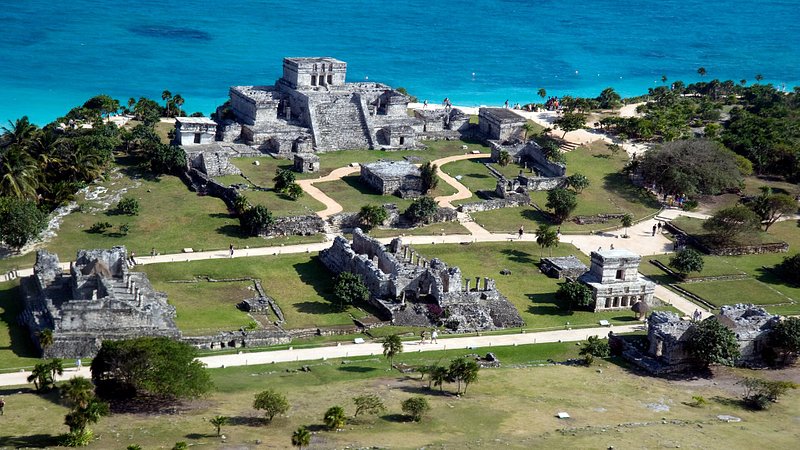 Aerial view of ruins in Tulum, Mexico