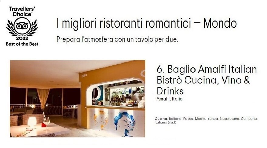 Della Campania, però, non è il solo, perché a fare compagnia ai titolari, Albino e e Serena, una giovane coppia di Amalfi, è il ristorante Mirage a Positano definito “ottimo e indimenticabile” nonostante l’ottavo posto.

Ma c’è di più perché il ristorantino amalfitano, il cui punto di forza è il terrazzino sottostante la sala capace di ospitare un unico tavolo per due e garantire così privacy, riservatezza e atmosfera romantica, figura anche nella top 25 al mondo al sesto posto mondiale