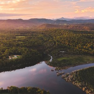 Aerial view of The Jackson Ranch by Bannisters at sunset