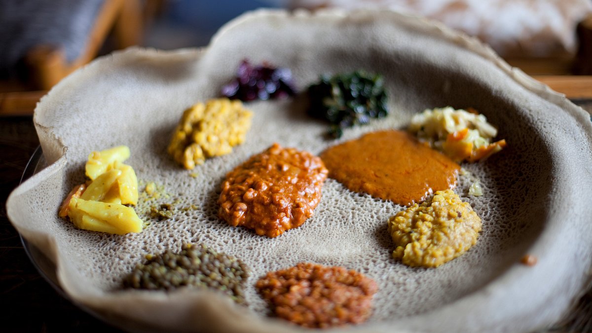 A combination plate on injera at an Ethiopian restaurant