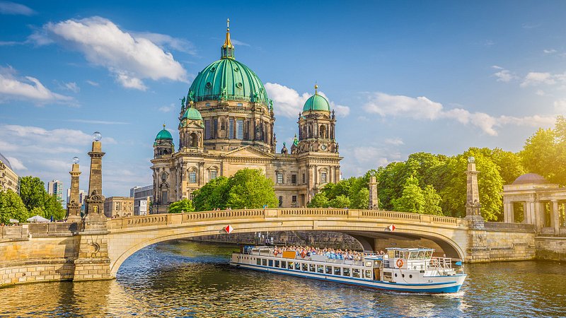 View of Berlin Cathedral from the Spree river at sunset