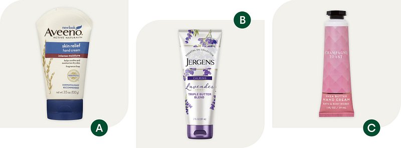  Aveeno Intense Moisture Skin Relief Hand Cream, Jergens Lavender Triple Butter Blend, and  Bath & Body Works Champagne Toast Hand Cream
