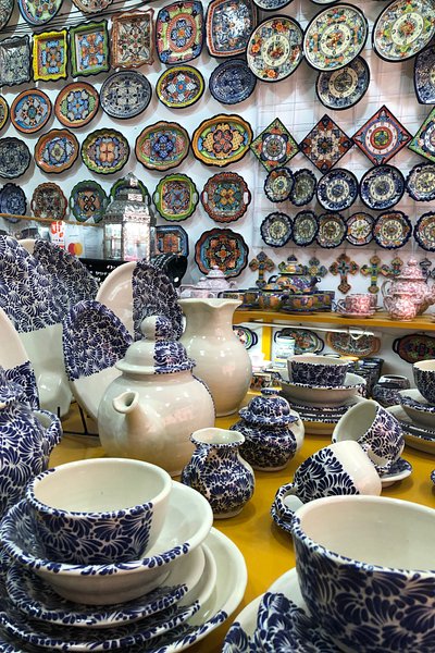 Vibrant Mexican pottery at Mercado Artesanal in Puebla, Mexico