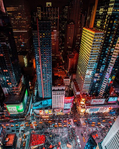 High angle view of New York illuminated at night