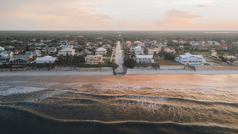 Aerial view New Smyrna Beach, FL at sunset 