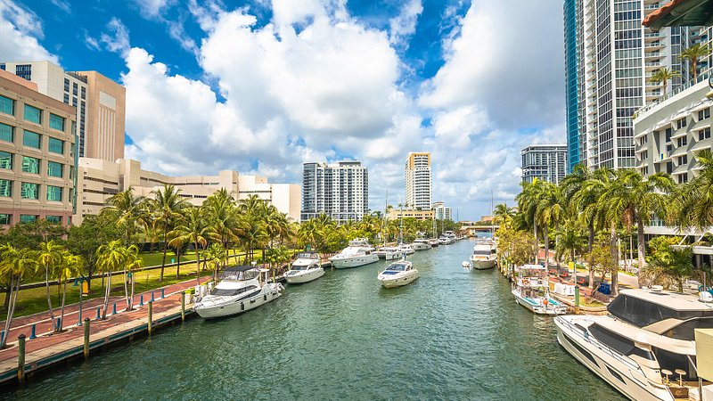 View of Fort Lauderdale riverwalk and yachts