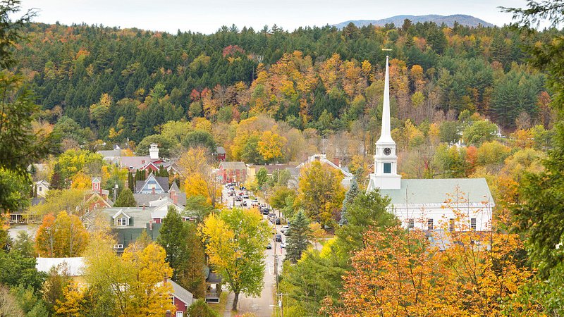 Aerial view of the historic Stowe Community Church in Vermont