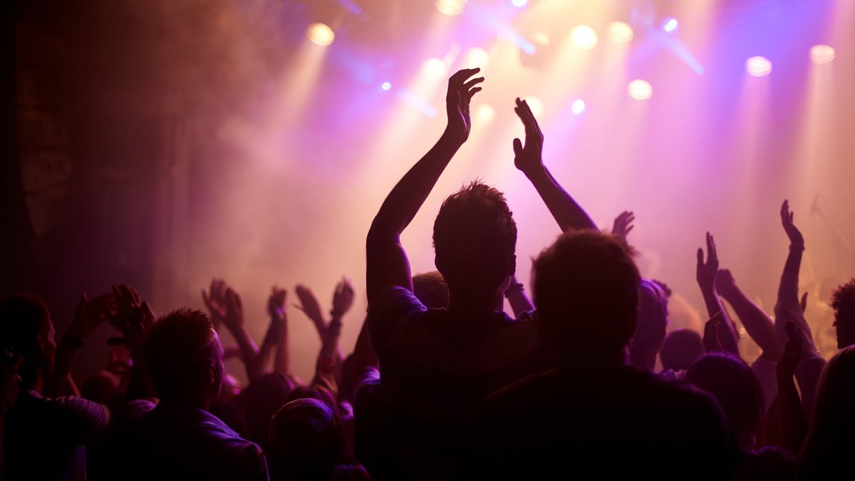 Rear view of concert goers with arms raised at a music concert 