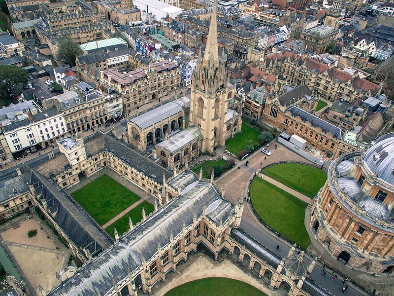 Aerial view of medieval Oxford buildings