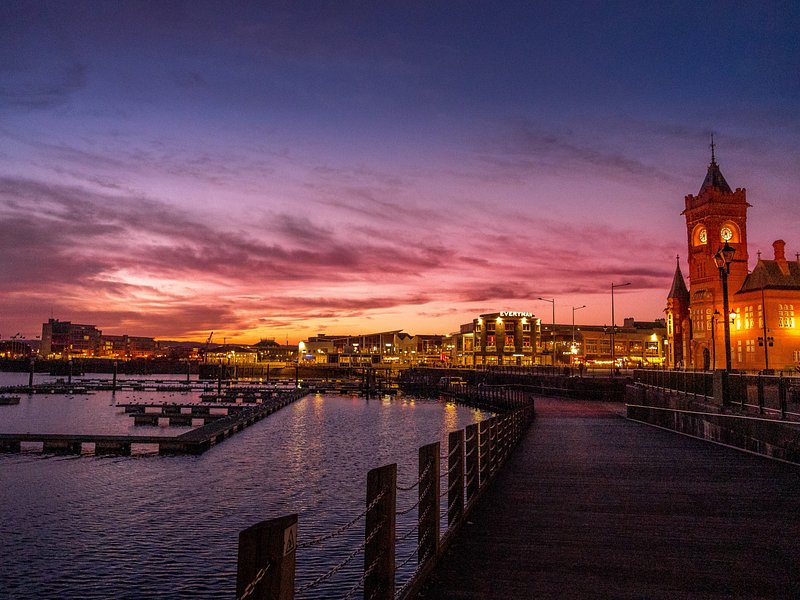 Pink sun set over Cardiff Bay
