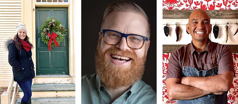 Left: Lester standing outside in winter apparel next to door with wreath; Center: Headshot of Bohanan smiling with full beard and wearing glasses; Right: Vargas smiling and standing with arms crossed while wearing apron